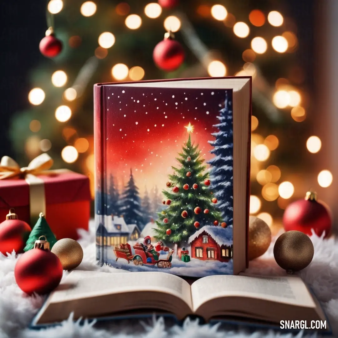 Book with a christmas scene on it and a christmas tree in the background with lights on it