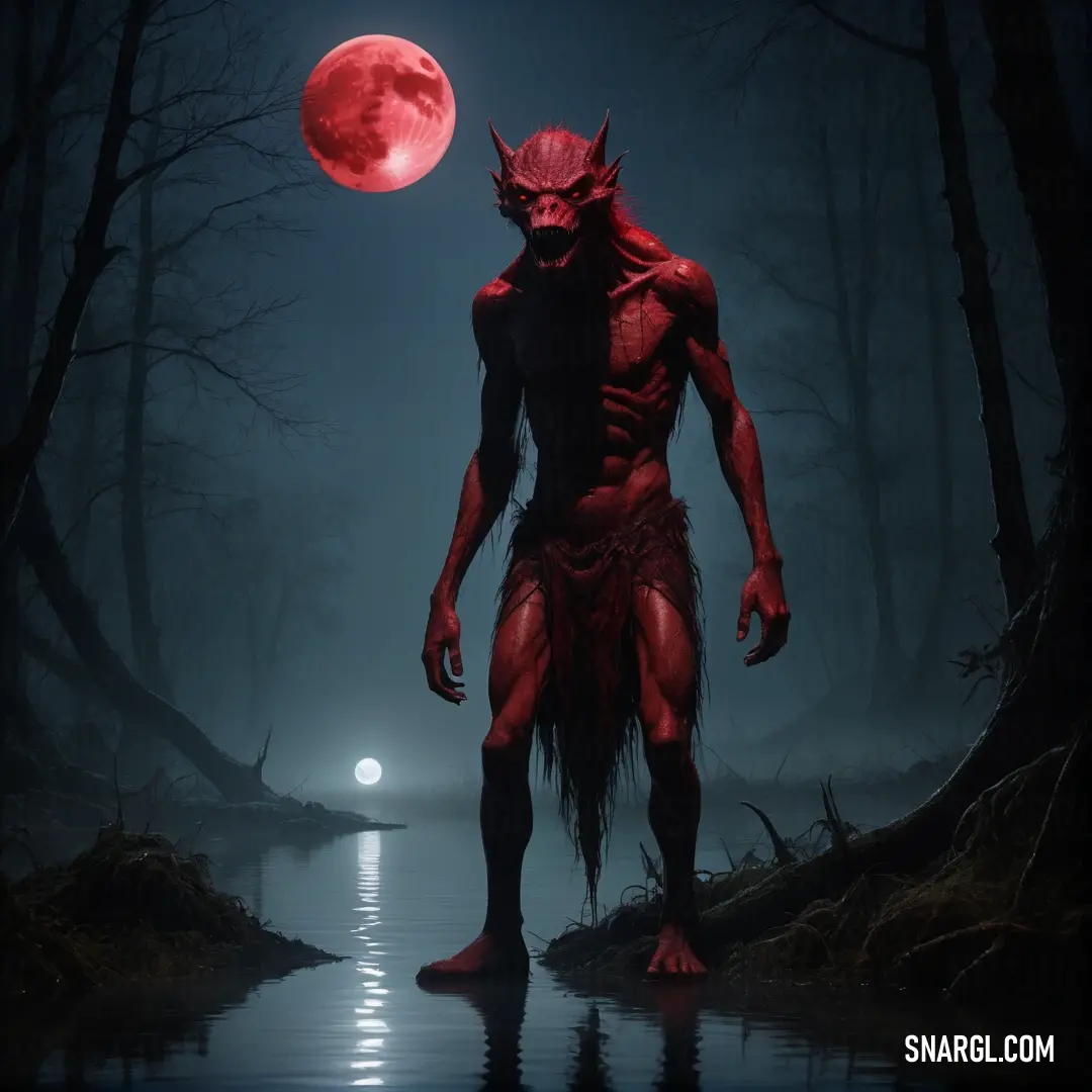 Demon standing in the middle of a forest at night with a full moon in the background. Example of NCS S 6030-Y80R color.