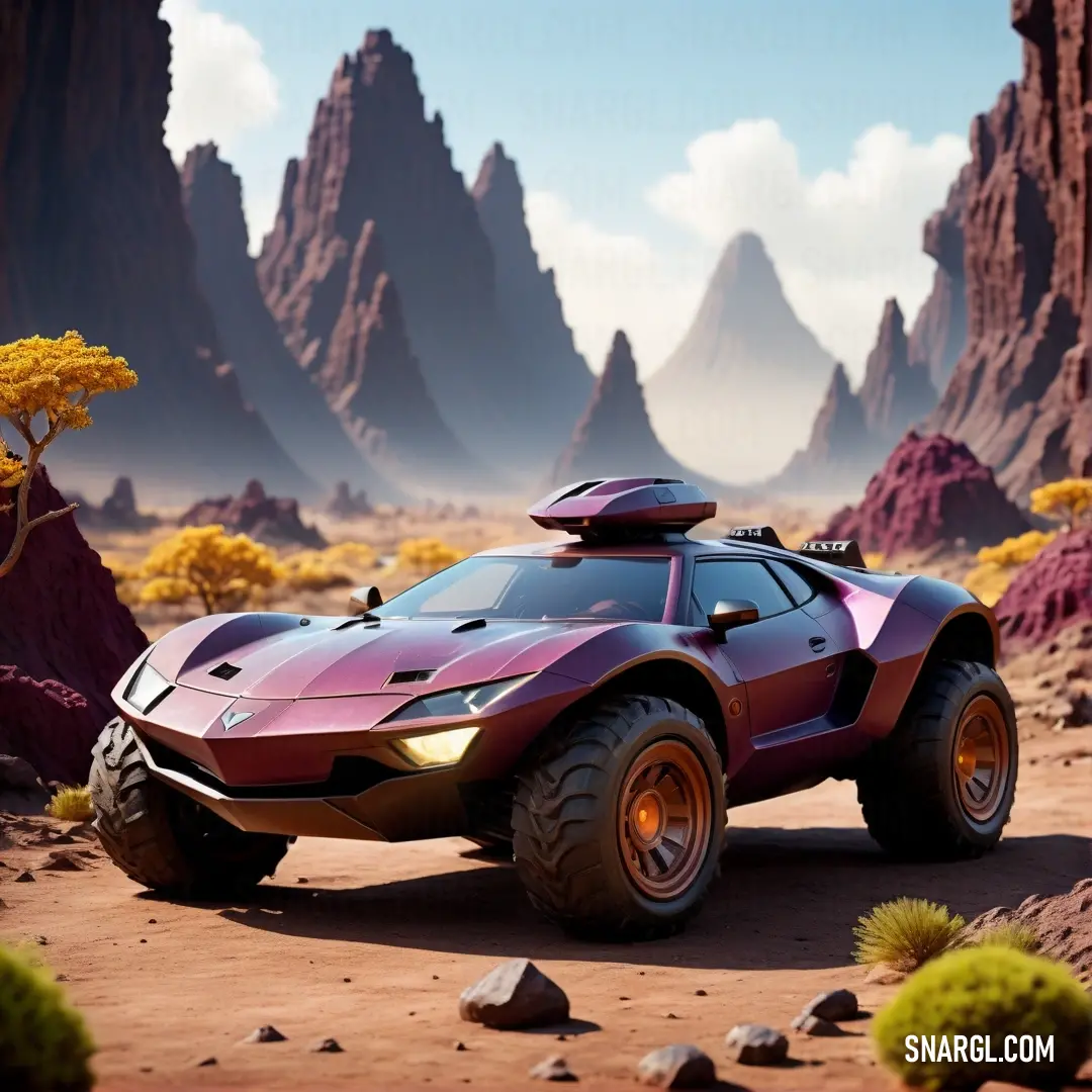 Futuristic vehicle is parked in a desert landscape with mountains in the background. Color #5E1E1B.