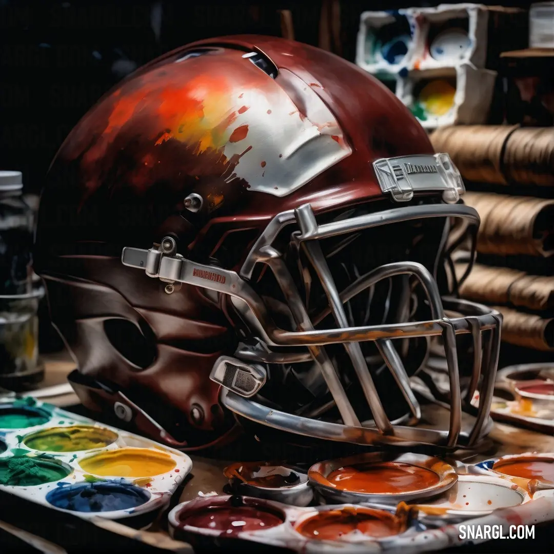 Helmet is on a table with paint and brushes in front of it and a pile of other paints. Example of CMYK 0,80,62,68 color.