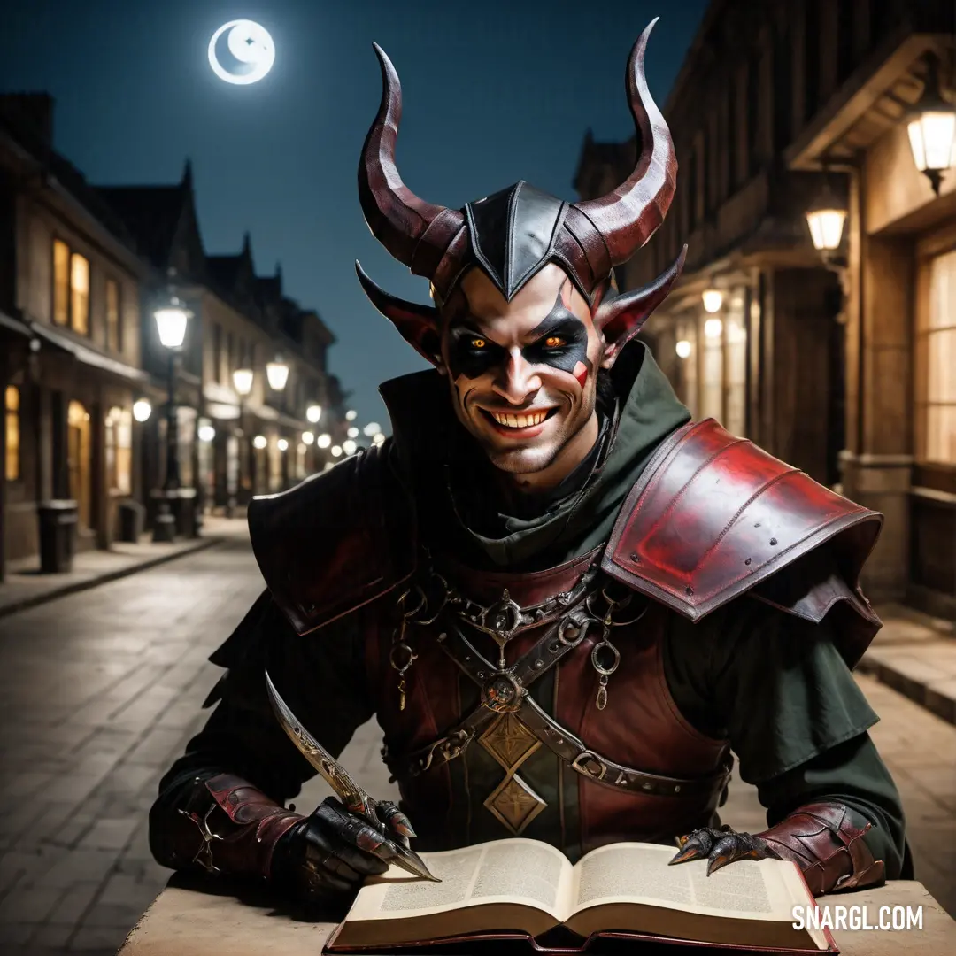 Man dressed as a demon reading a book on a street at night with a full moon in the sky. Color NCS S 6030-Y90R.