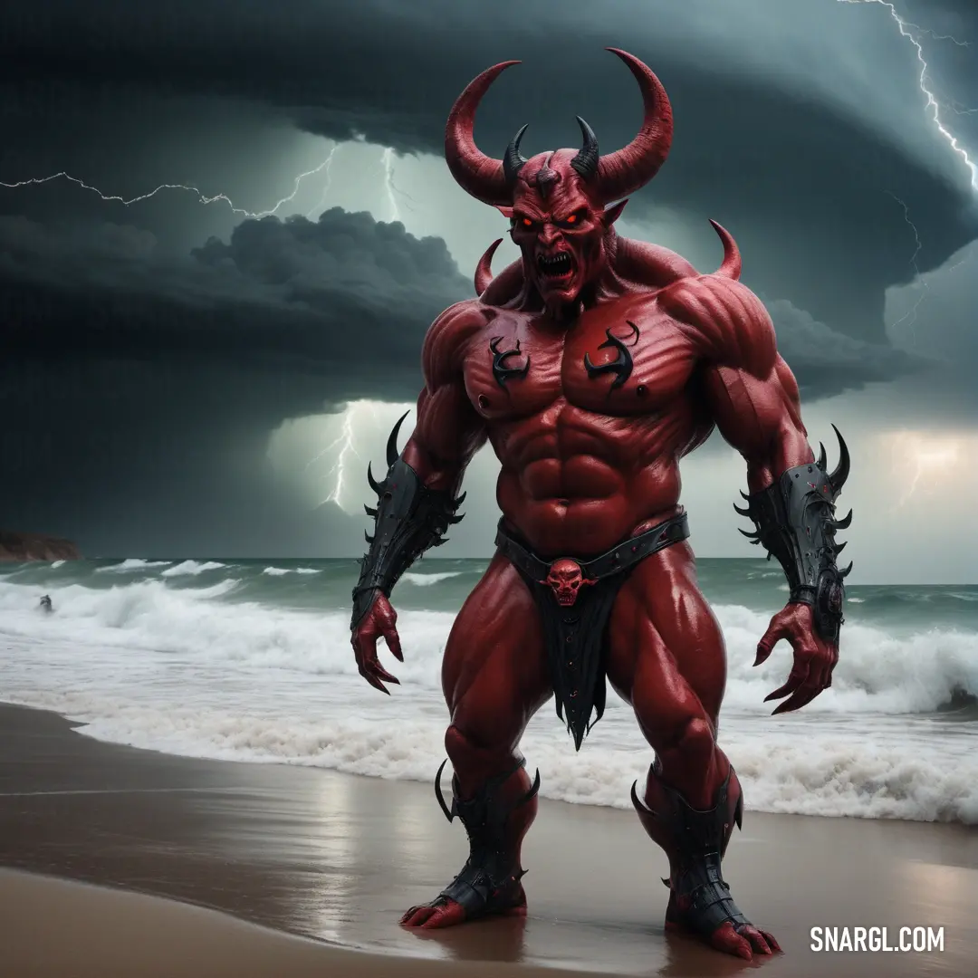 Red demon standing on a beach in front of a storm filled sky with lightning behind it and a black cloud. Example of CMYK 0,90,80,77 color.
