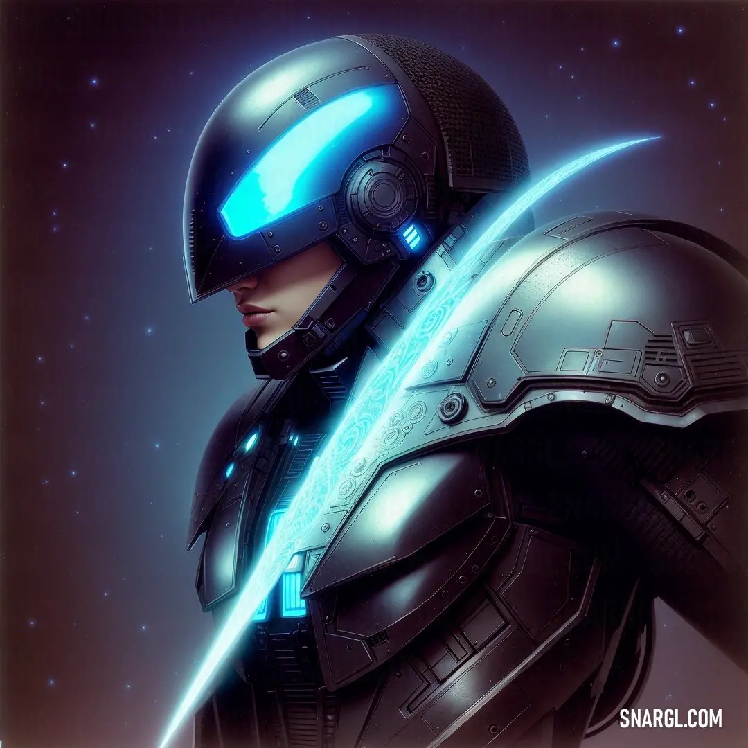 NCS S 6500-N color example: Man in a futuristic suit holding a sword in his hand and glowing blue light coming from his eyes