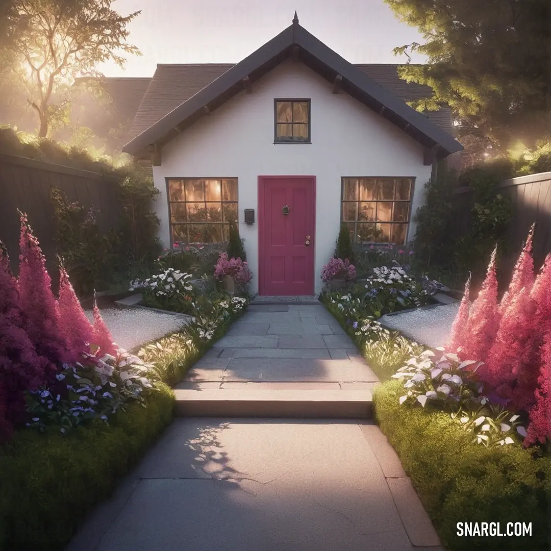 NCS S 6500-N color. House with a red door and a pink door and some flowers in front of it