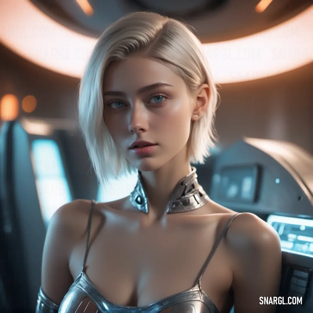 Woman in a silver dress is posing for a picture in a futuristic setting. Color RGB 109,109,107.