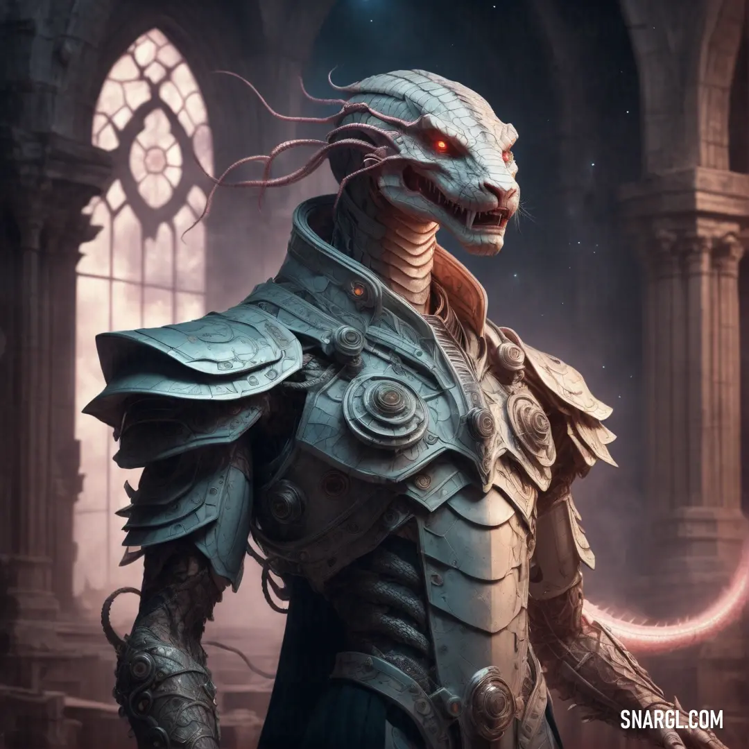NCS S 6502-B color. Character in a fantasy setting with a dragon head and a sword in his hand