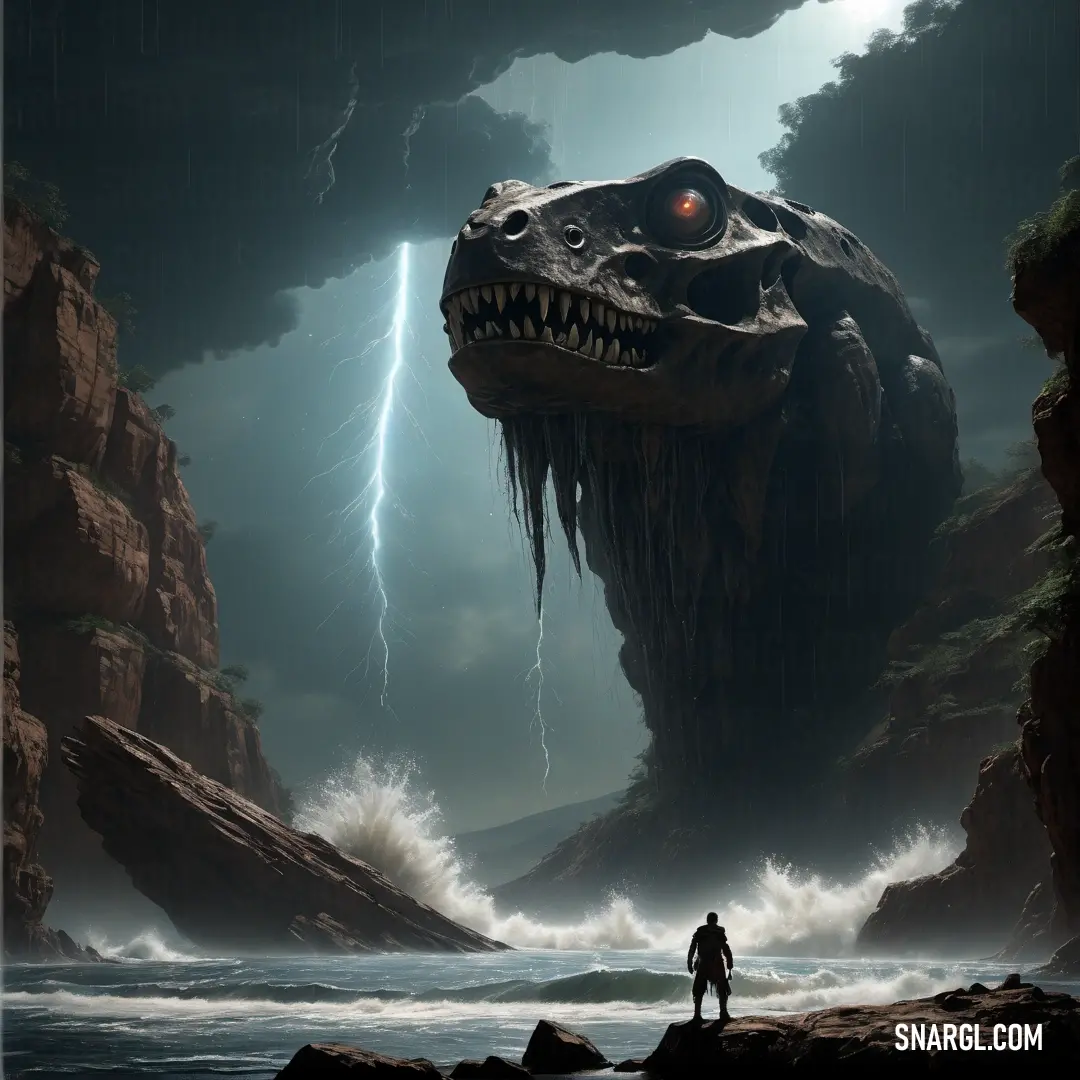 Man standing in front of a giant dinosaur head in a cave with lightning in the background. Example of NCS S 6502-G color.