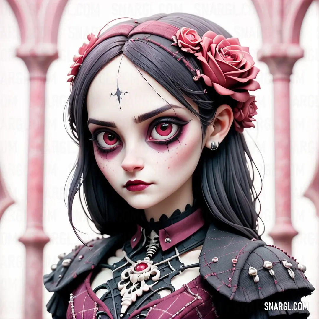 Doll with a rose in her hair and a gothic make up on her face and shoulders. Color #464845.