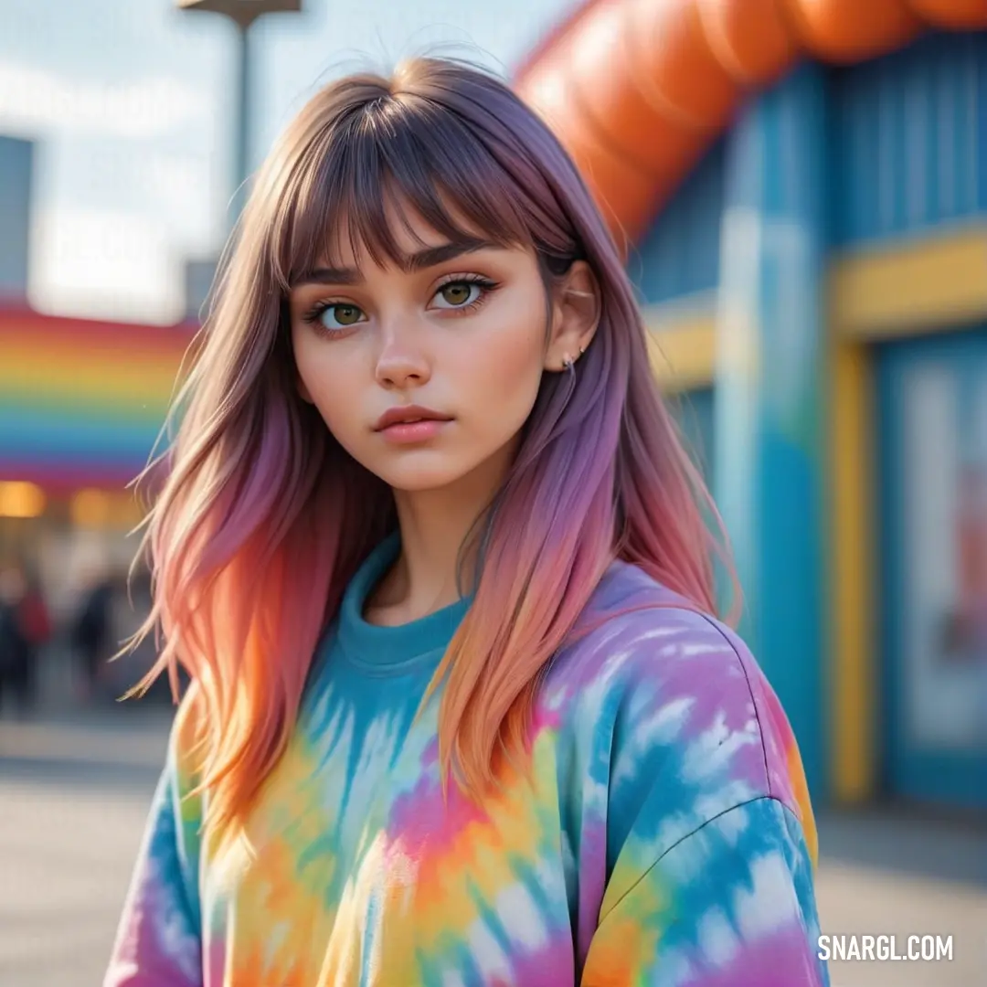 Girl with dyed hair and a tie dye shirt looks at the camera with a serious look on her face. Color CMYK 0,8,10,75.