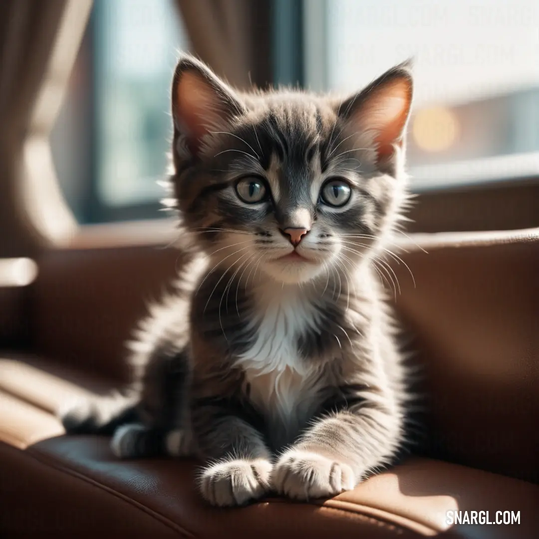 Small kitten on a brown leather chair looking at the camera with a serious look on its face. Example of CMYK 0,0,12,75 color.