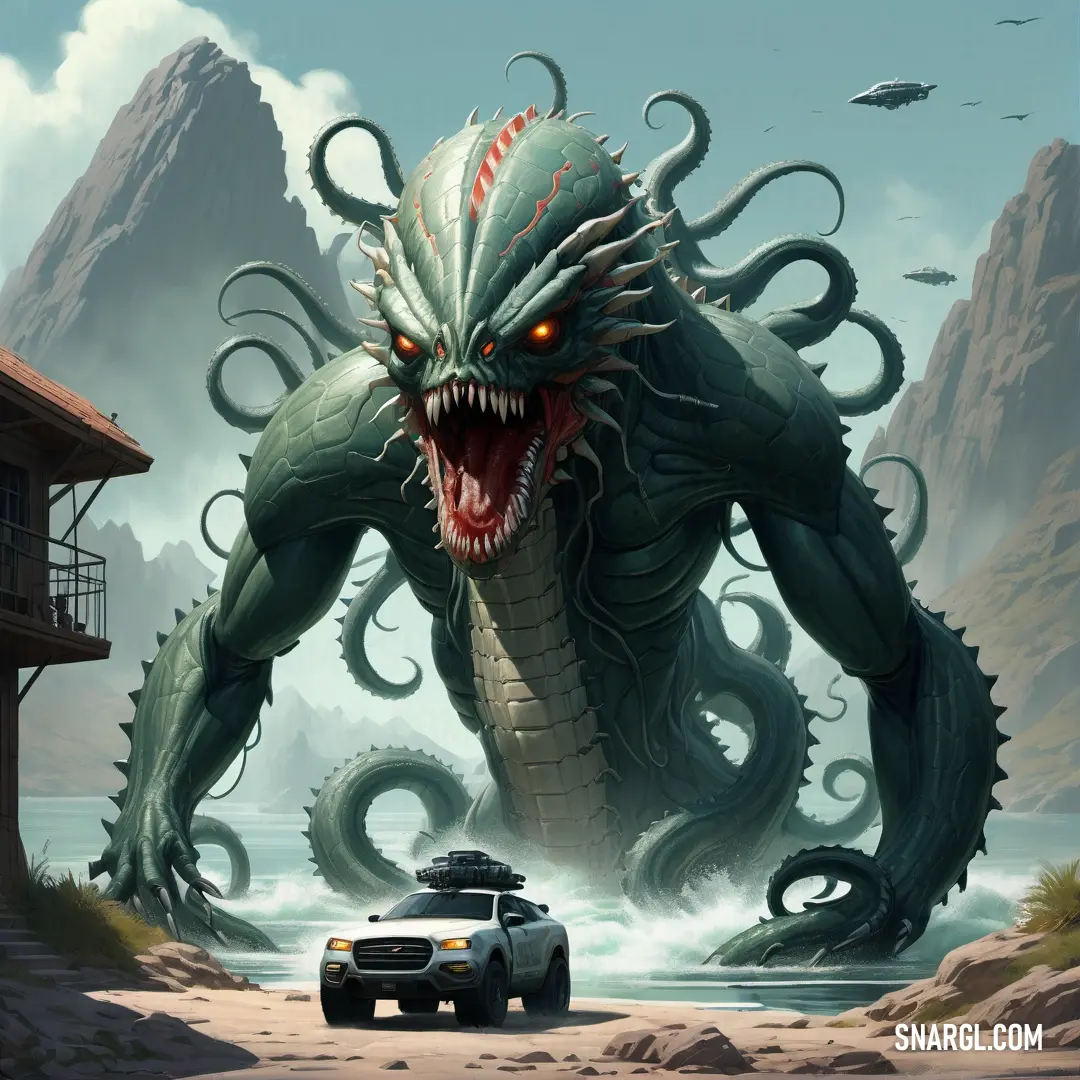 NCS S 6530-B50G color example: Car driving past a giant monster with a huge mouth and huge teeth on it's face