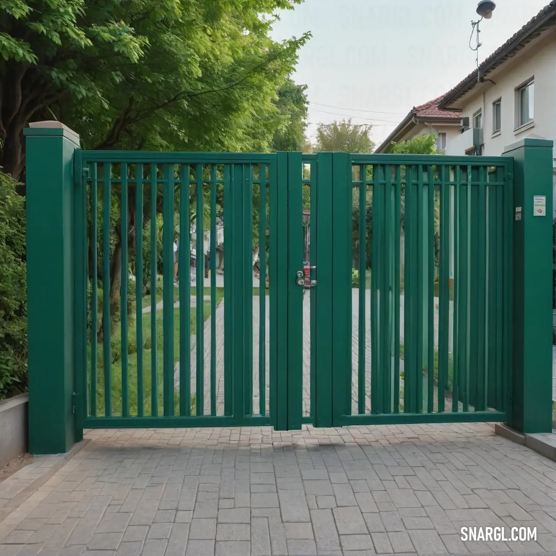 Green gate with a brick walkway in front of it. Color NCS S 6530-B50G.