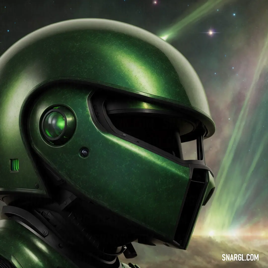 Green helmet with a green light behind it and a sky with stars. Color #00300D.
