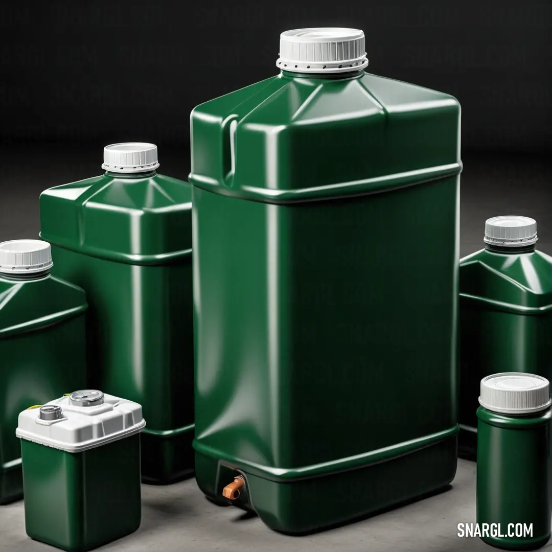 Group of green containers with lids. Color RGB 0,48,13.