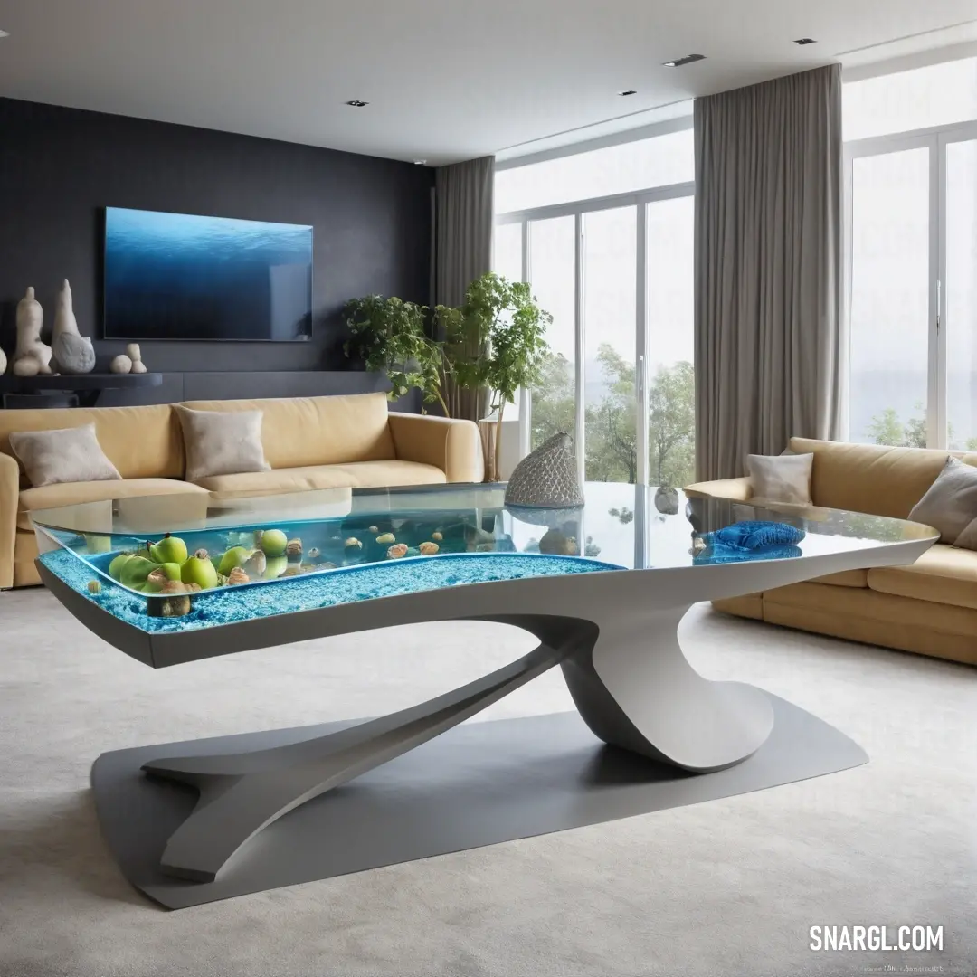 NCS S 7000-N color. Modern living room with a glass table and couches and a large window overlooking the ocean