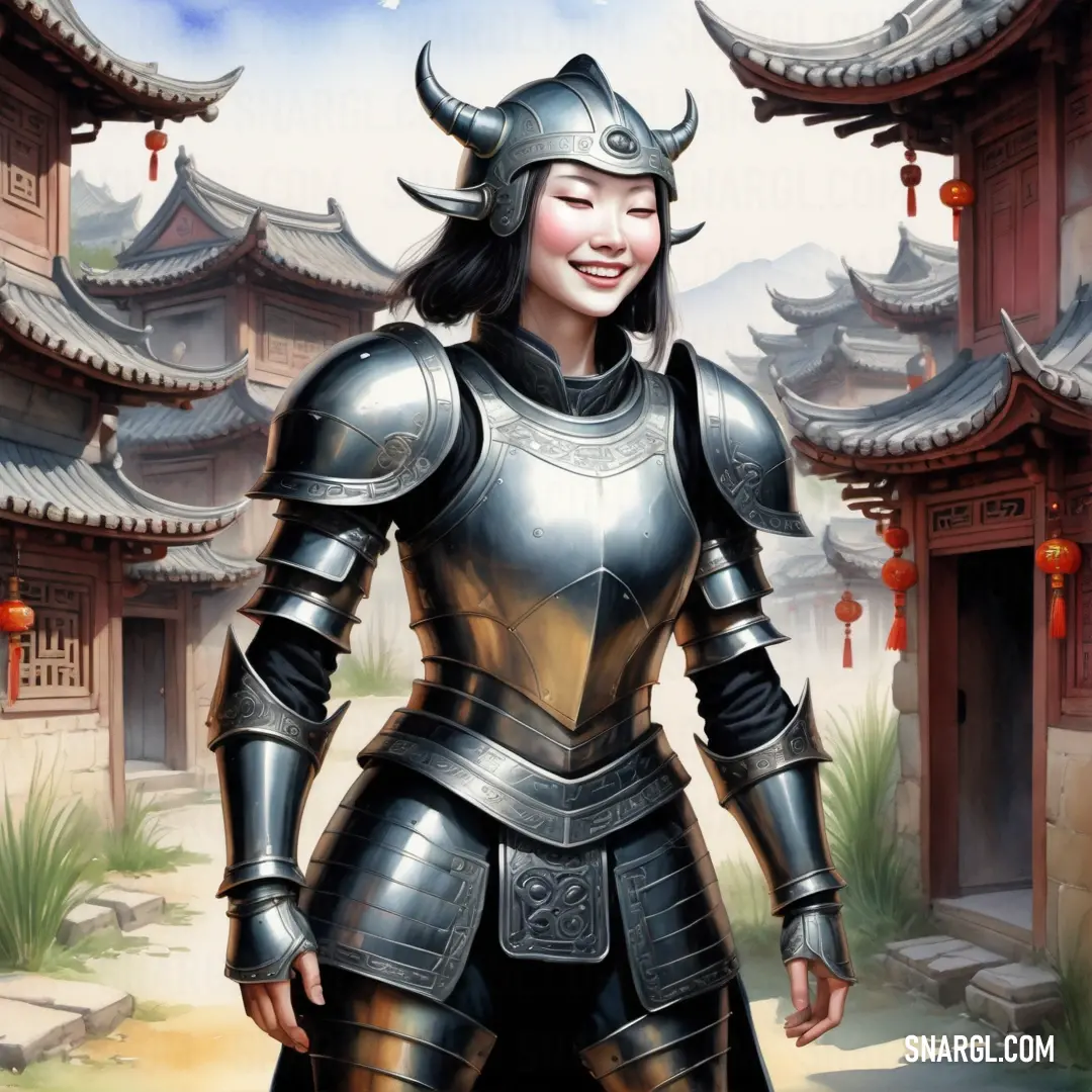 Woman in a armor standing in front of a building with a dragon on it's head and a dragon on her shoulder. Example of CMYK 0,2,5,70 color.