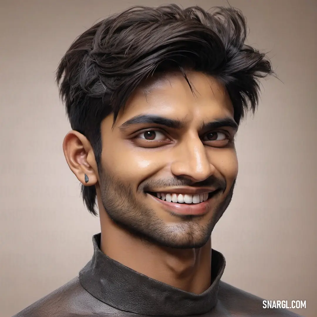 Man with a beard and a leather jacket smiling at the camera with a smile on his face and a black shirt on. Example of RGB 72,63,68 color.