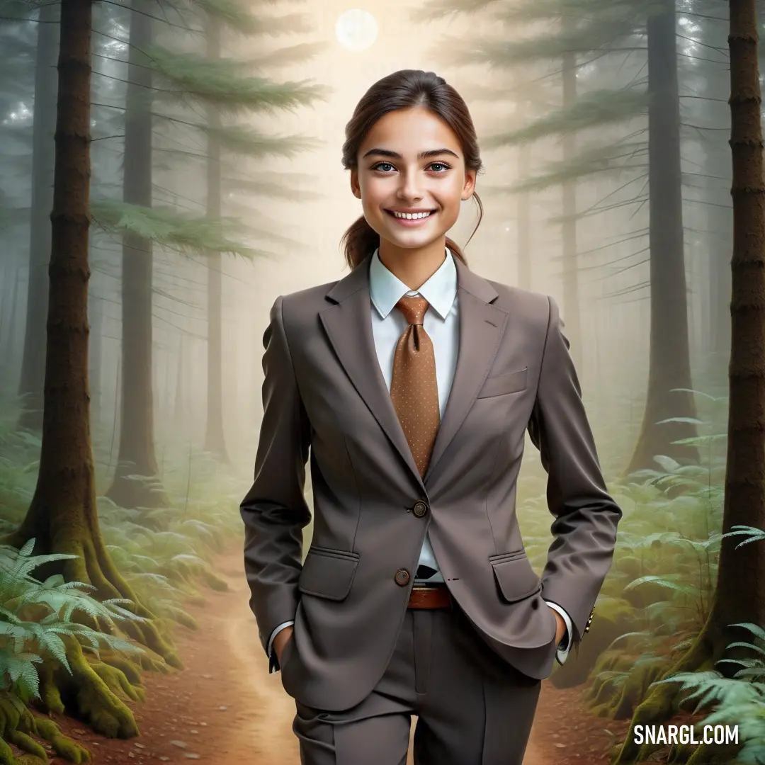 Woman in a suit standing in a forest with a trail leading to her and a full moon in the background. Example of RGB 72,63,68 color.