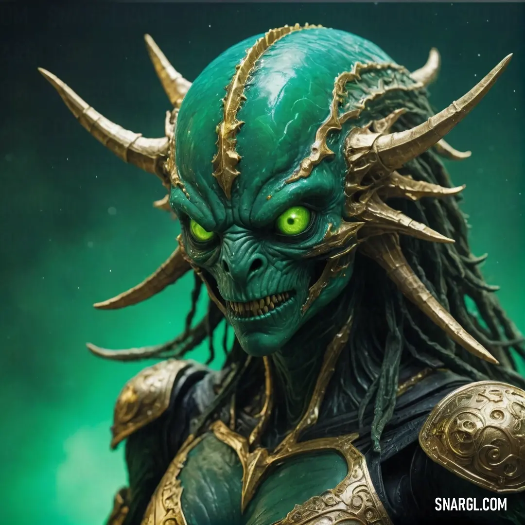 A detailed close-up of an individual in a captivating green costume reveals shimmering green eyes and horns, embodying a fascinating character from a world rich in imagination.