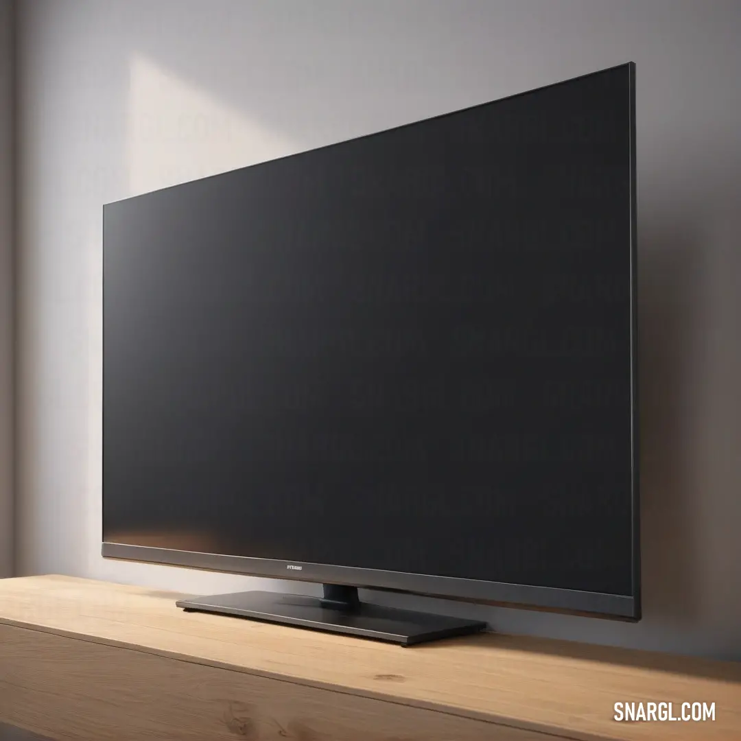 A sleek flat-screen TV positioned atop a stylish wooden shelf, illuminated by soft natural light streaming through a room's window that enhances the serene CMYK 10,15,0,82 color scheme.