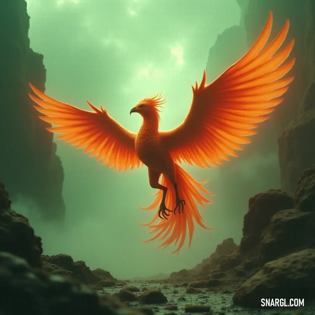 A vibrant bird with vivid orange wings soars gracefully over rocky terrain. Below, a serene body of water complements the rugged landscape, creating a captivating harmony of color and nature's beauty.