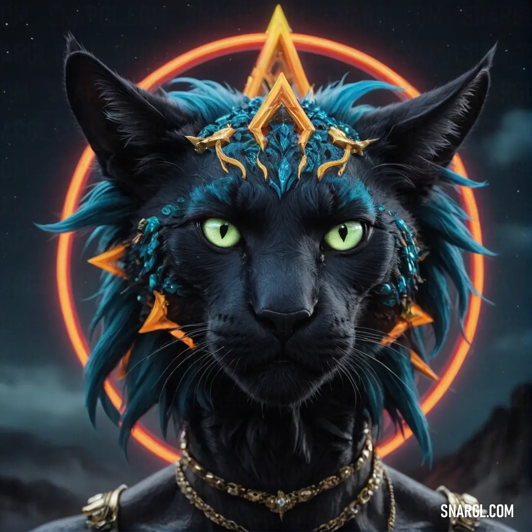 A mysterious black cat with piercing green eyes gazes intently, adorned with a star on its head, while cosmic stars twinkle in the backdrop, embodying the intriguing essence of #3E3A3F.