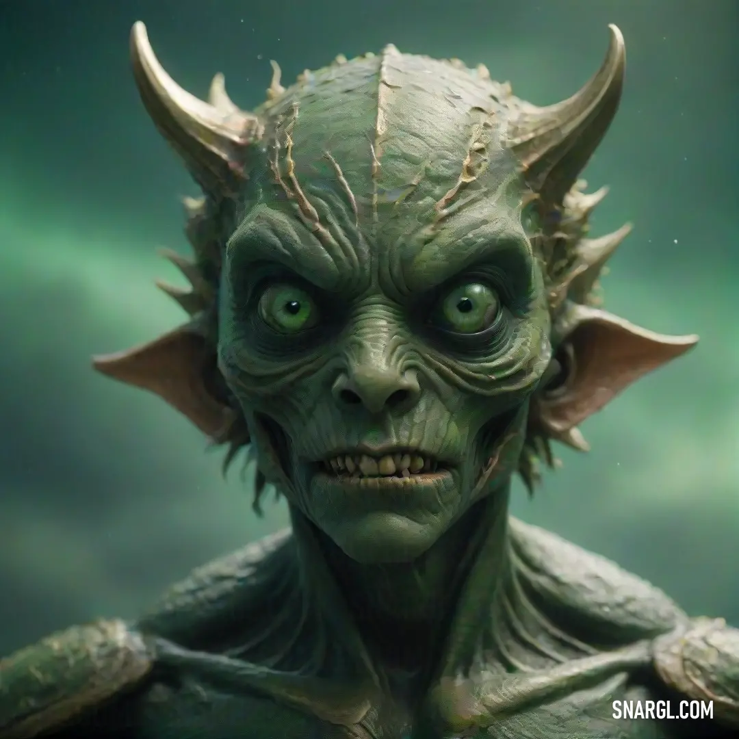 A unique creature with striking horns and a vivid green face peeks out with expressive green eyes, embodying a blend of mystery and wonder amid an enchanting environment.