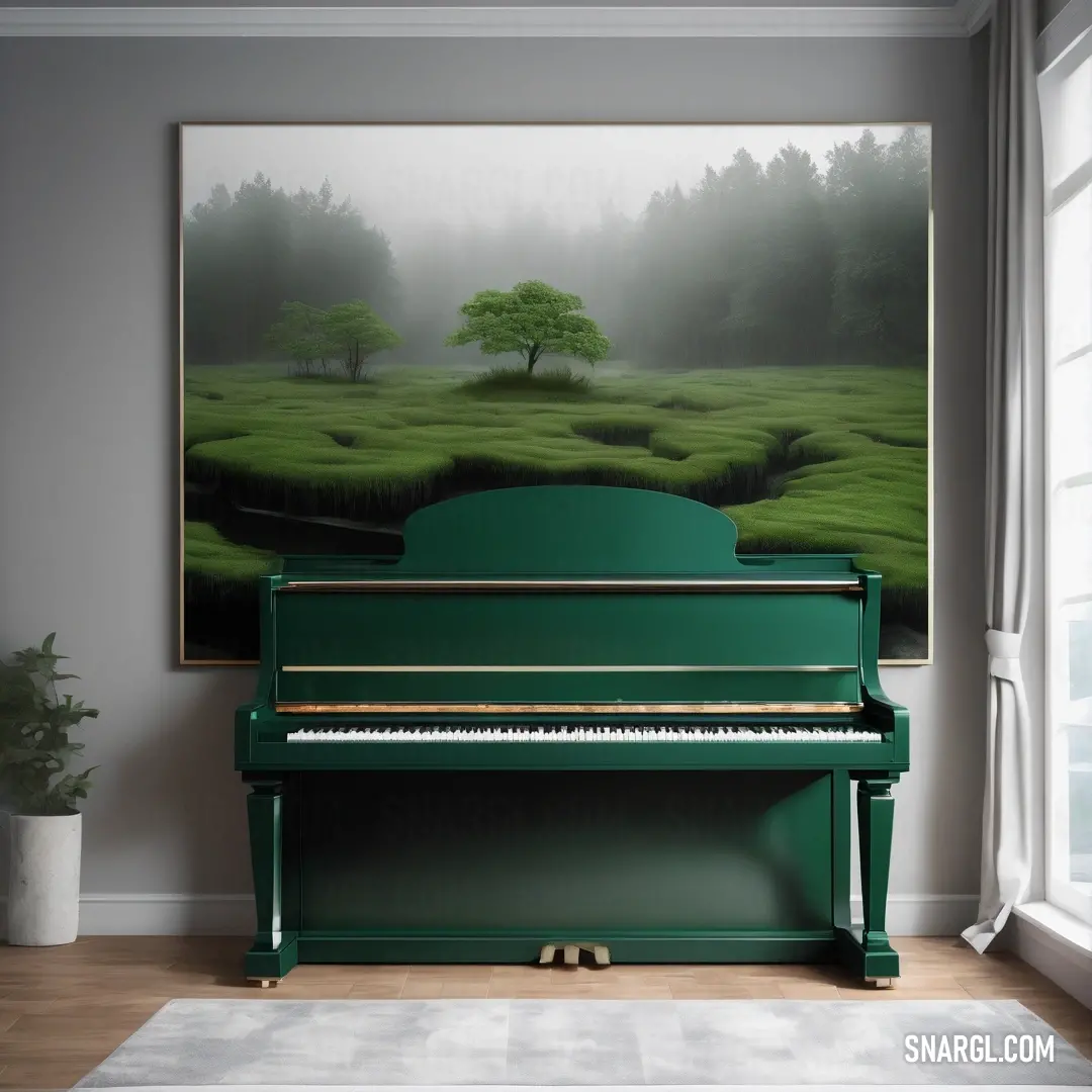 A vibrant green piano set within a stylish room, accentuated by a colorful painting on the wall and a charming potted plant nestled in the corner, reflecting the hues of CMYK 10,15,0,82.