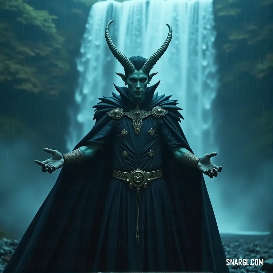 A mysterious man clad in a shadowy black outfit with striking horns stands poised in front of a dramatic waterfall, embodying the essence of power and allure amidst nature's beauty.