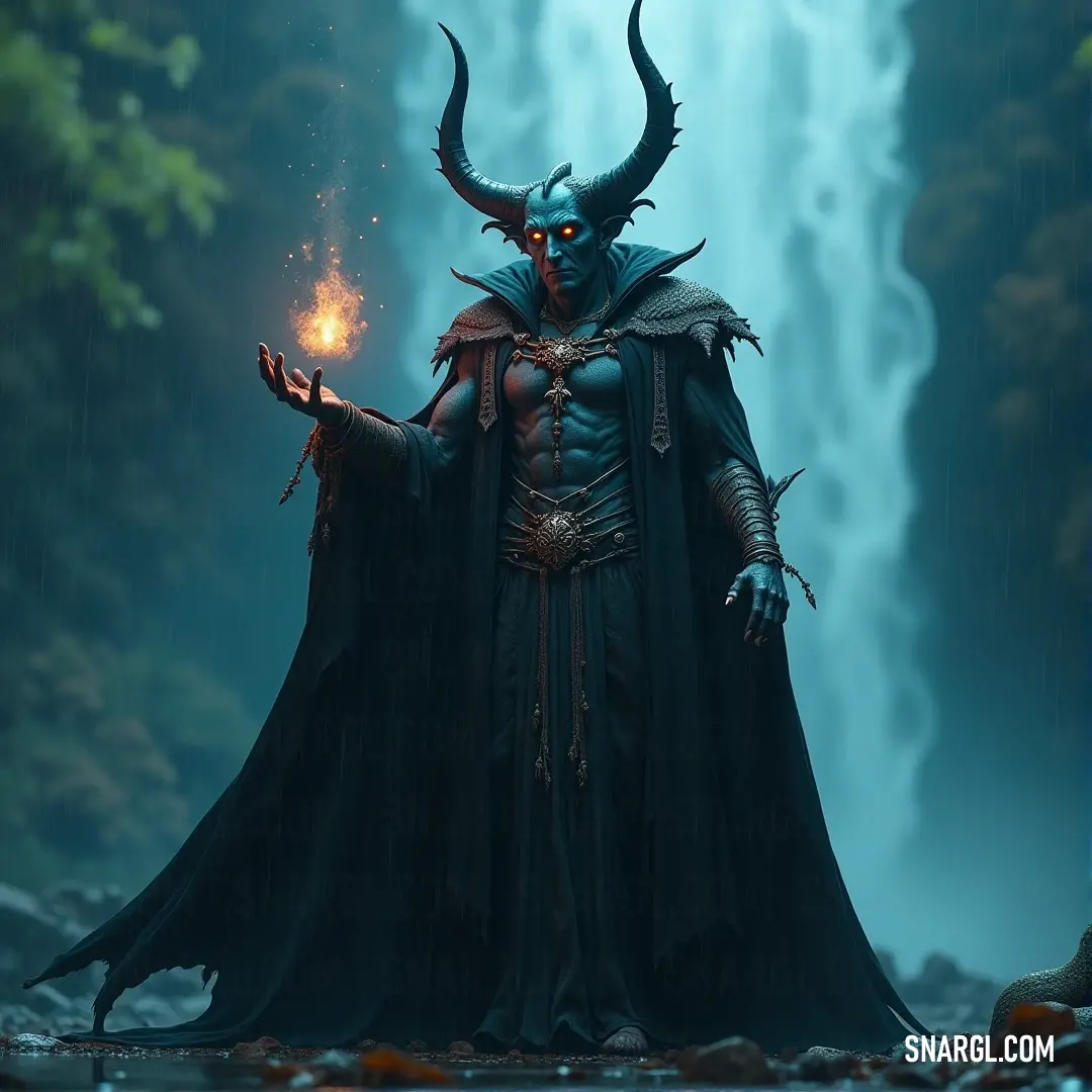 A mythical figure in a horned costume ignites a vibrant firework, illuminating his excitement against the backdrop of a majestic waterfall cascading down rocky cliffs. The scene is alive with color, creating a spellbinding atmosphere of celebration and wo