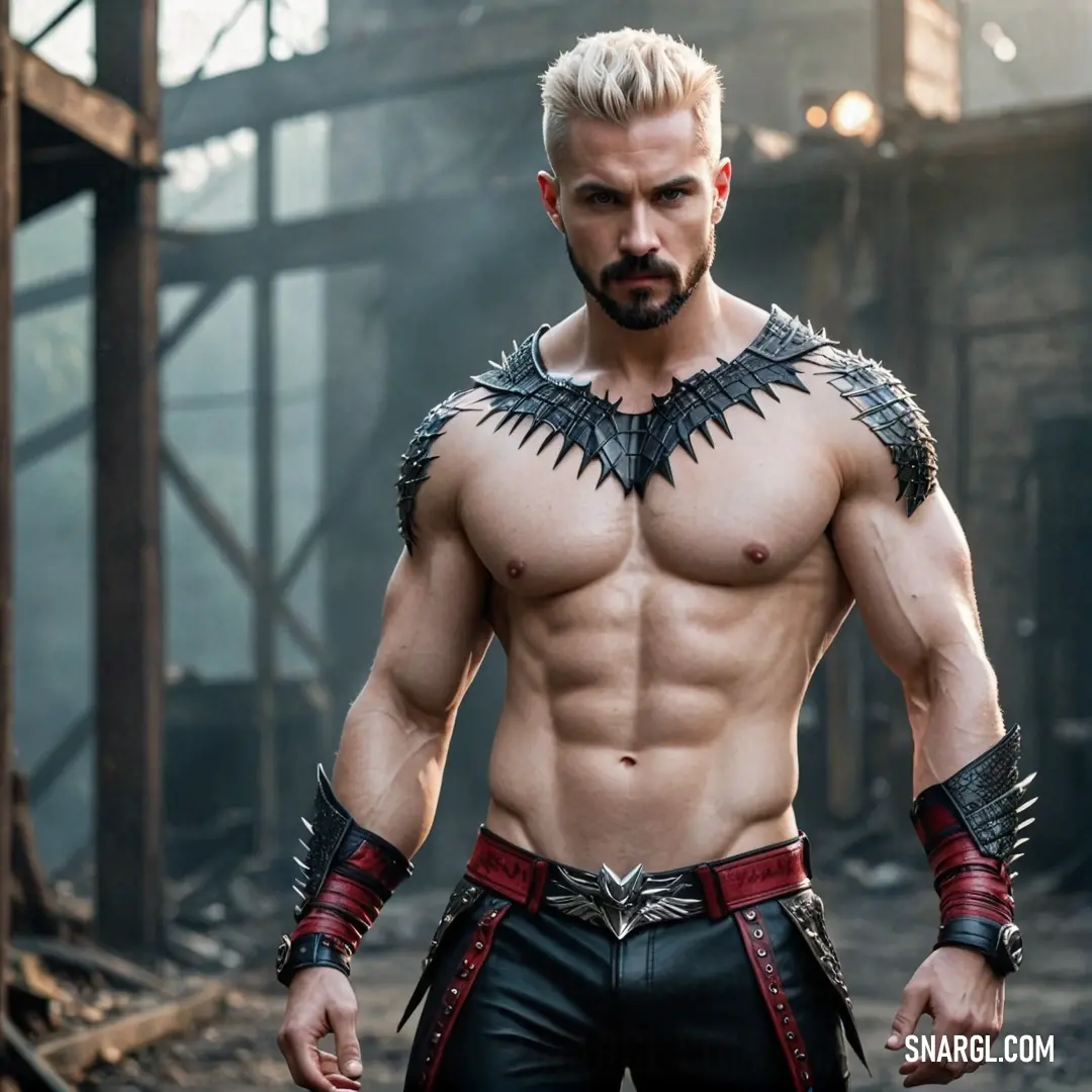 A man sporting a goatee stands in an industrial space with a hammer poised in his hand. The dimly lit warehouse exudes raw energy, emphasizing his rugged look against the gritty backdrop of aged materials.