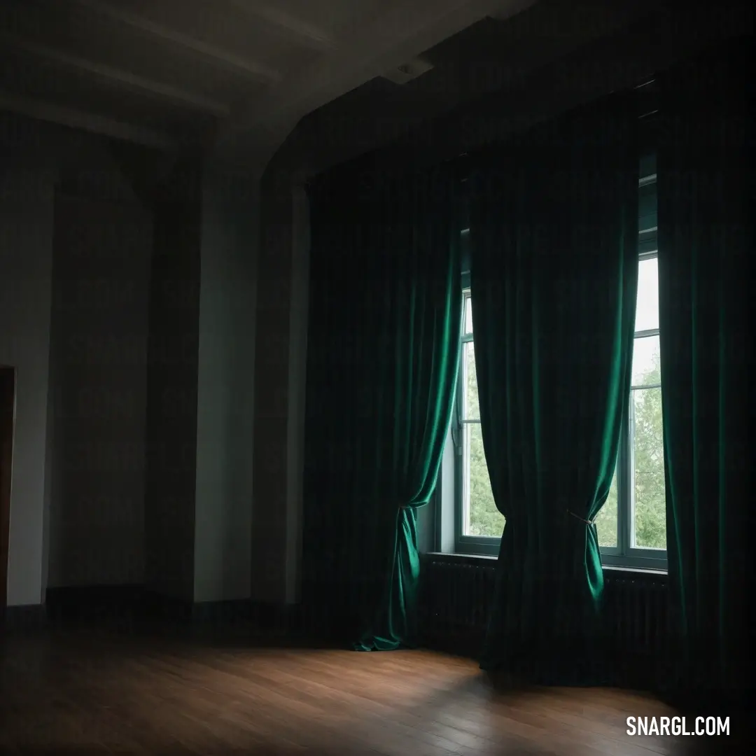 A cozy room with a large window draped in green curtains, allowing soft light to pour in and illuminate the warm, wooden floors. The colors of the room are defined by the subtle shades of CMYK 10,15,0,82, creating a calm, inviting atmosphere.