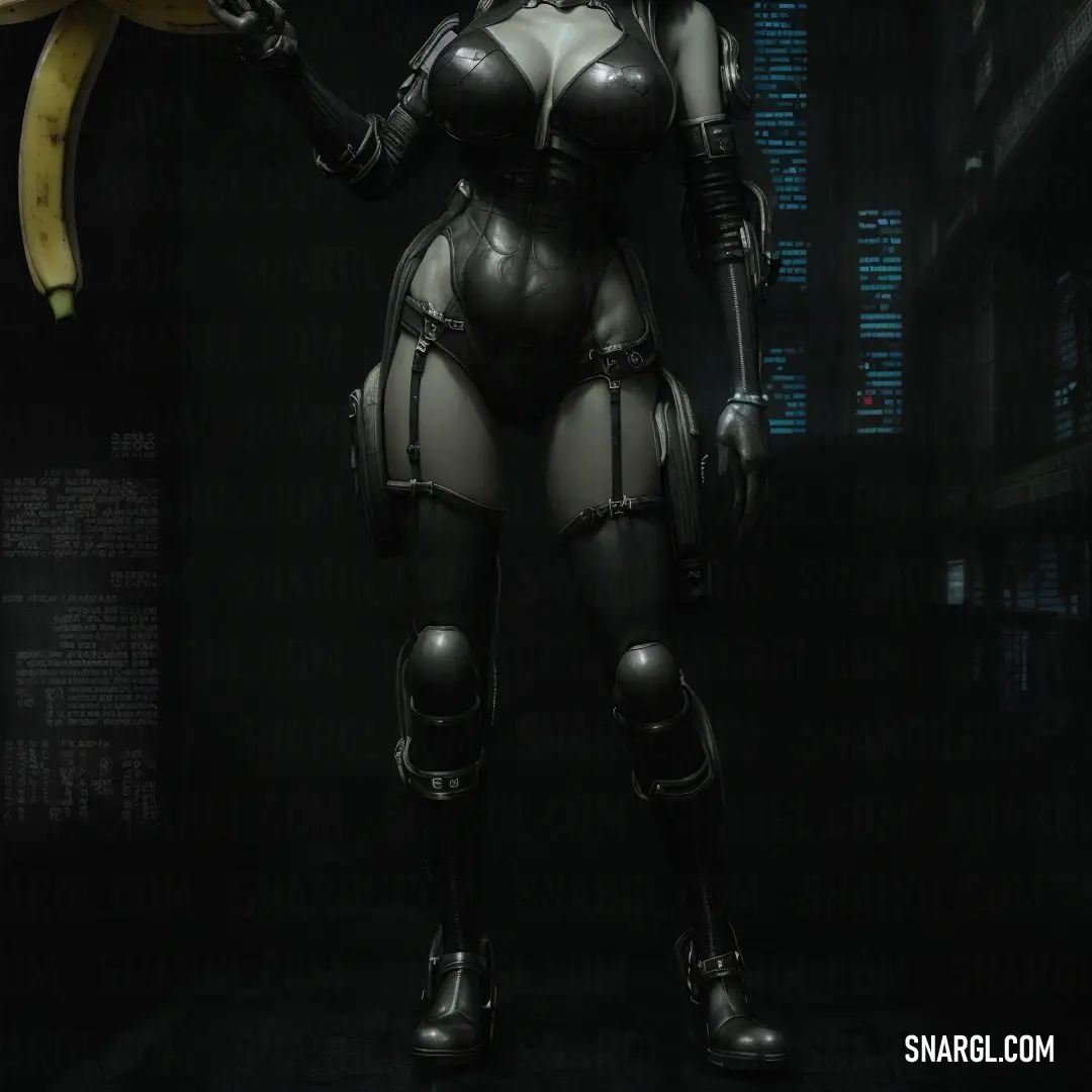 Woman in a futuristic suit holding a banana in her hand. Example of NCS S 7005-R50B color.