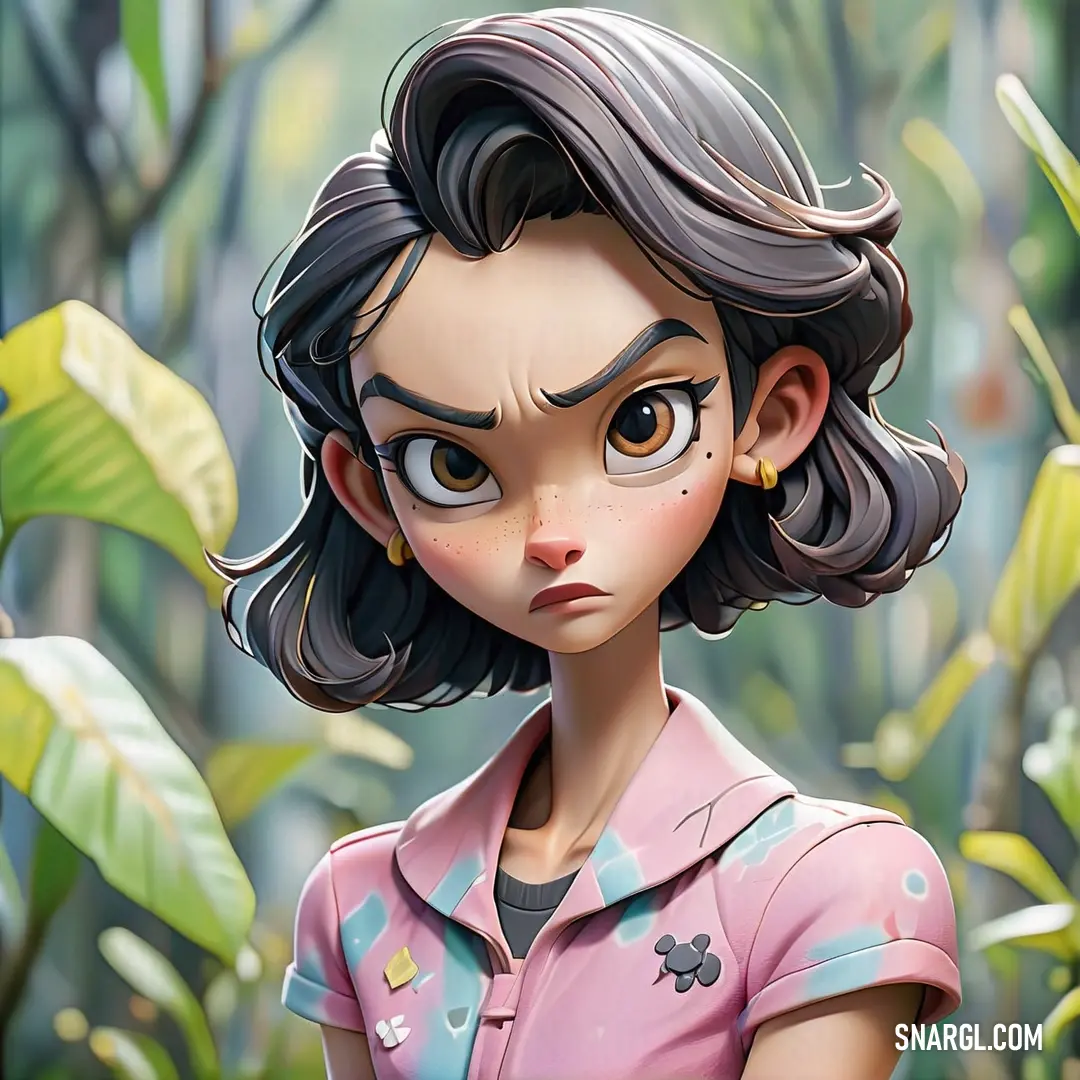 Cartoon girl with a serious look on her face and a green plant behind her, with a leafy background. Color RGB 47,41,37.