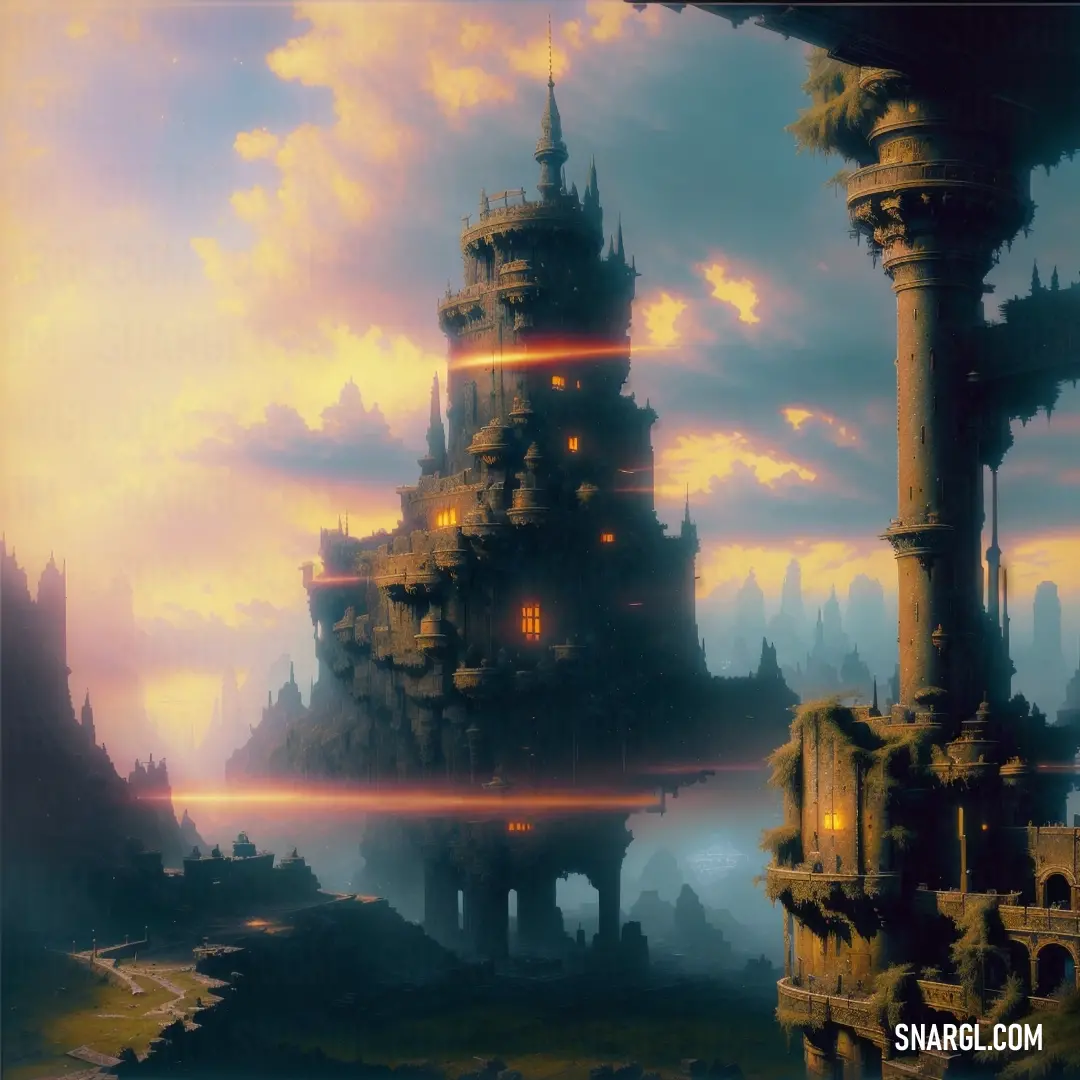 Painting of a castle in the sky with a lot of lights coming out of it. Example of NCS S 7005-Y50R color.