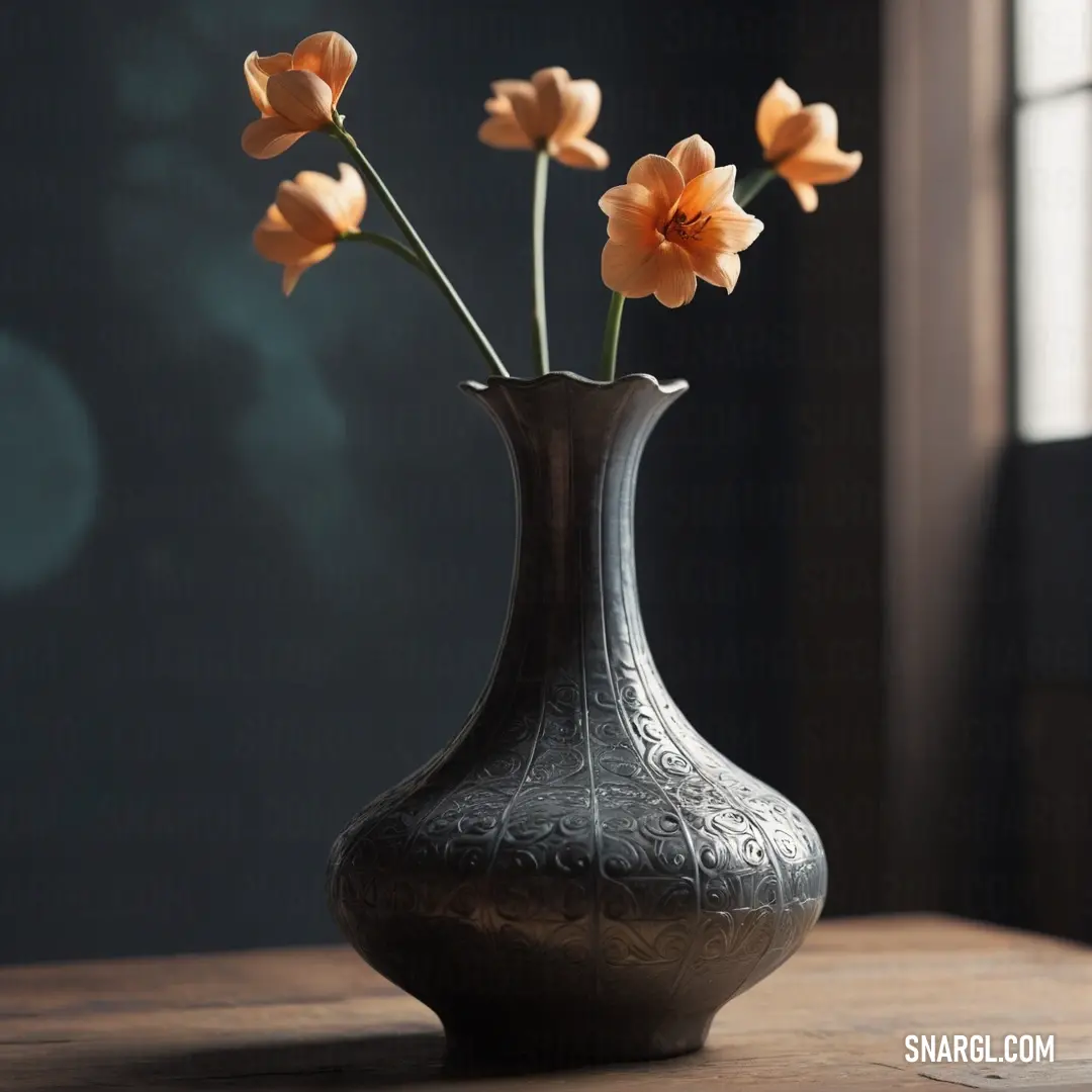 Vase with some flowers in it on a table next to a window with a dark background. Example of NCS S 7005-Y50R color.