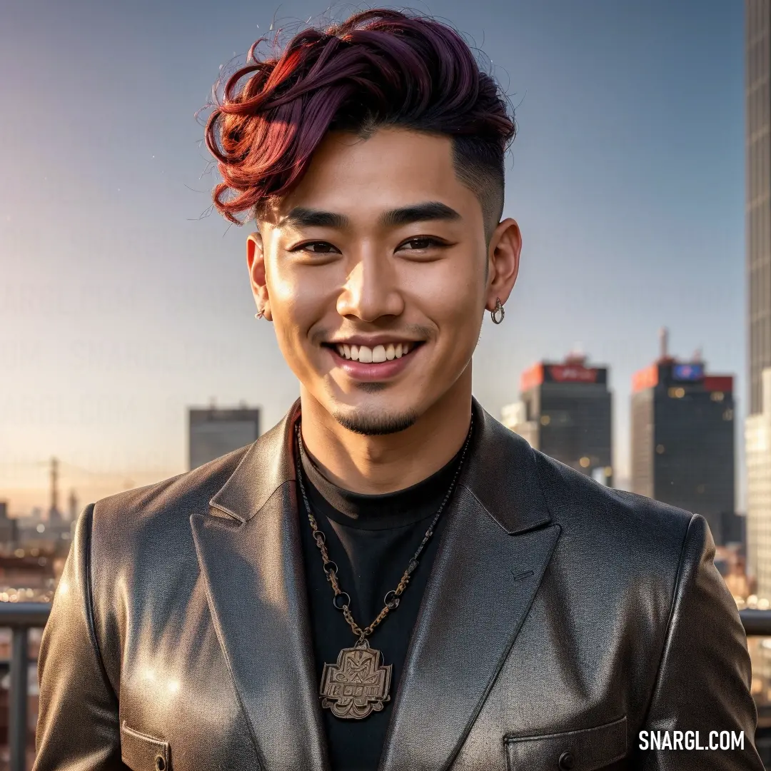 Man with a red hair and a black shirt and a black jacket and a necklace and a city skyline. Example of CMYK 0,20,20,80 color.