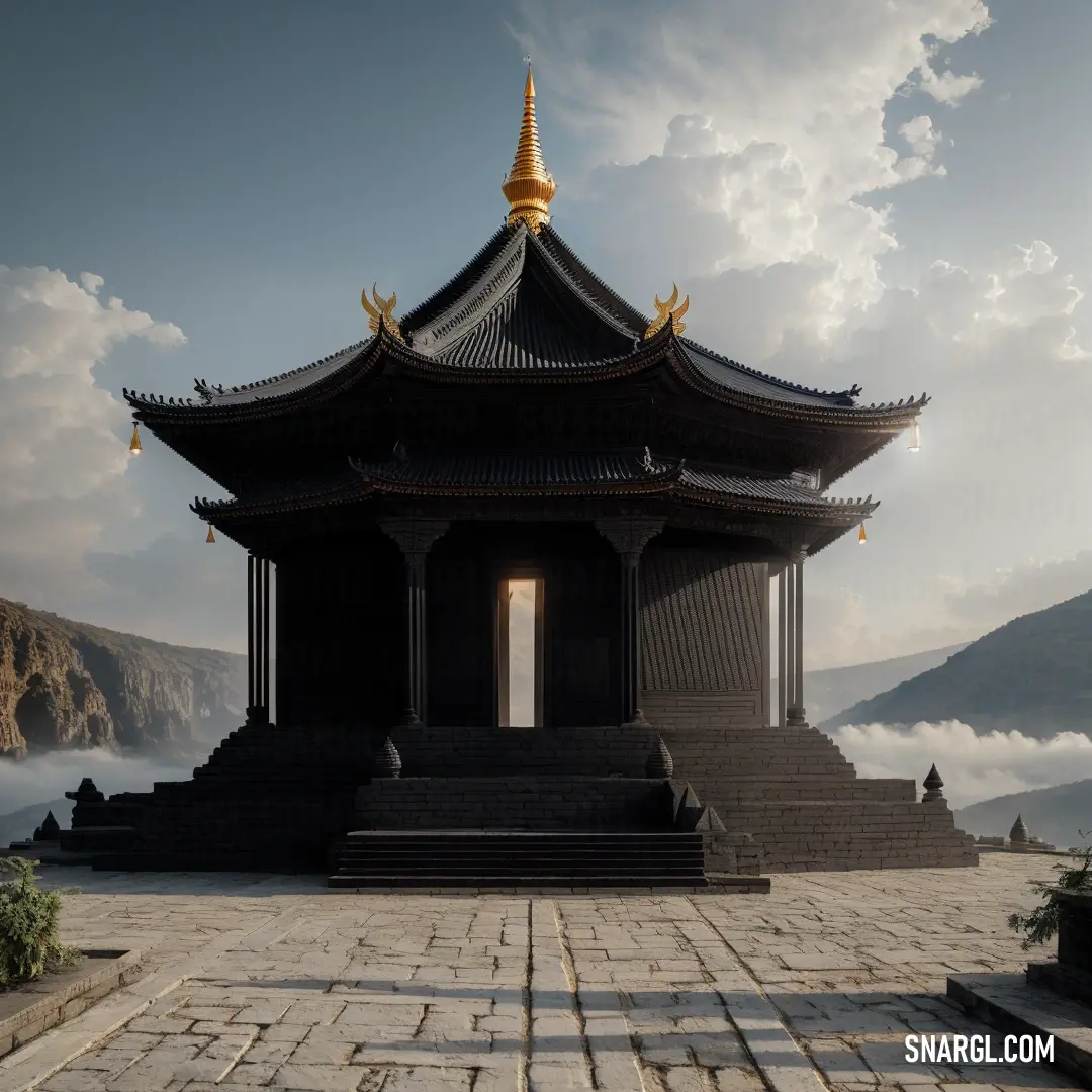 Pagoda with a golden roof and a mountain in the background. Color RGB 73,62,58.