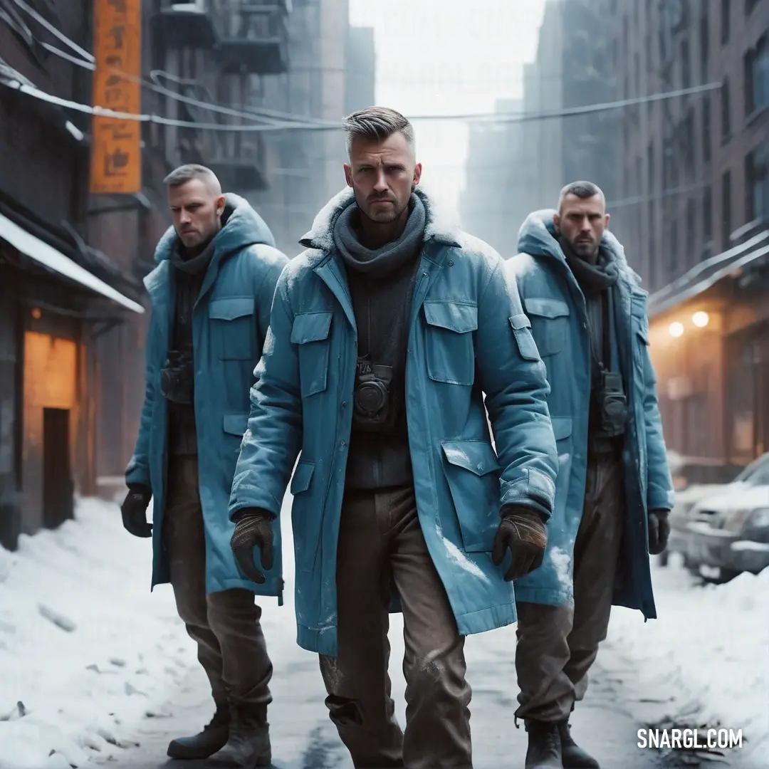 Three men walking down a snowy street in a city with buildings in the background. Example of NCS S 7005-Y80R color.