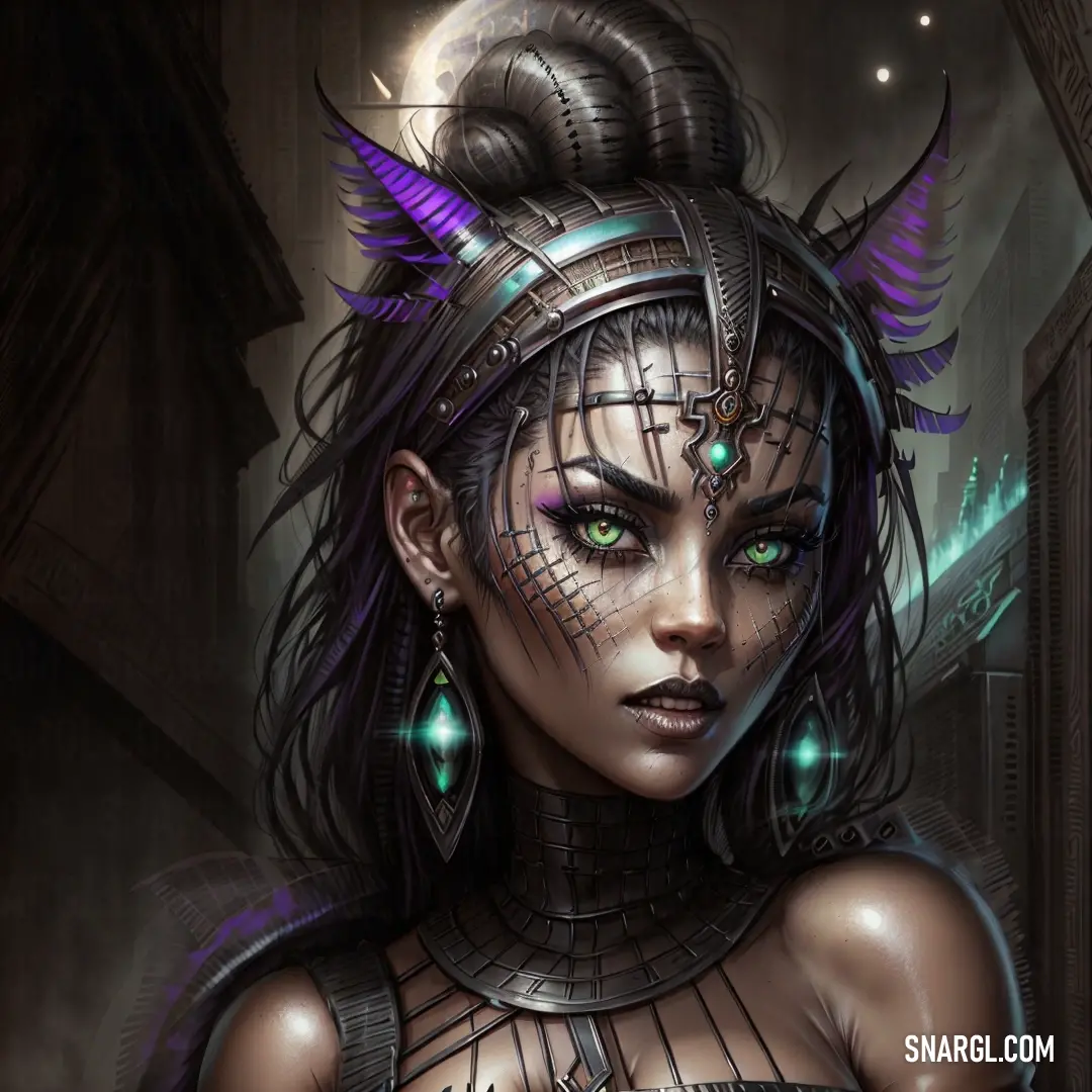 Woman with green eyes and a weird hairdow with horns and wings on her head and a futuristic dress. Color RGB 73,62,58.