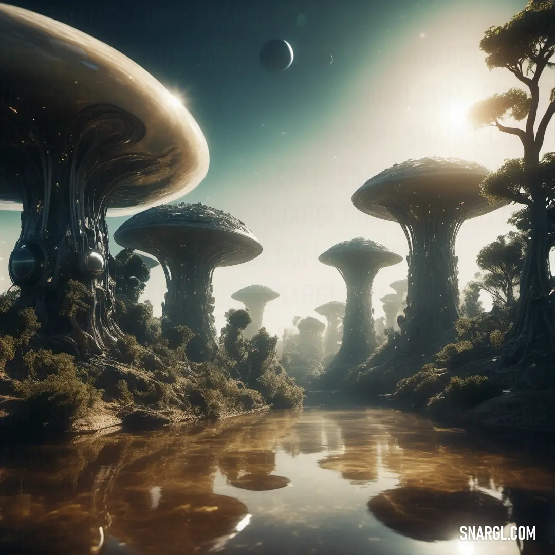 NCS S 7010-B30G color. Futuristic landscape with trees and mushrooms in the foreground