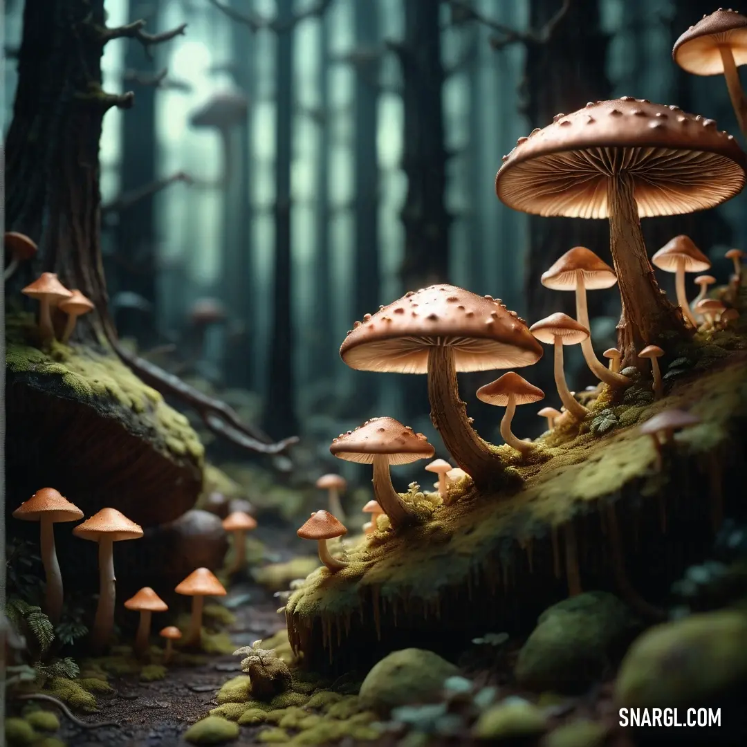 Group of mushrooms growing on a mossy forest floor in a forest with trees and rocks in the background. Color #39513A.