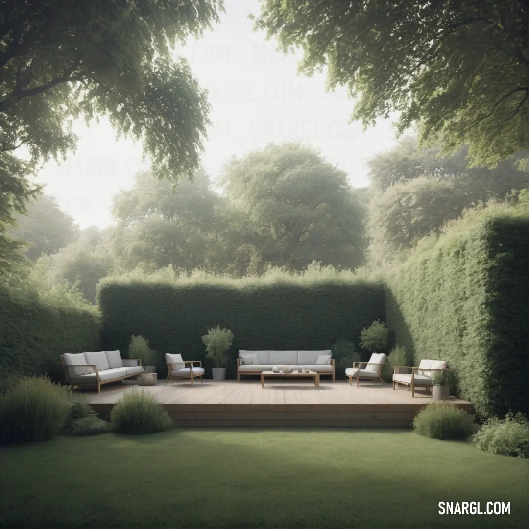 Large garden with a couch and chairs in it and a large hedge behind it with a bench. Color NCS S 7010-G10Y.