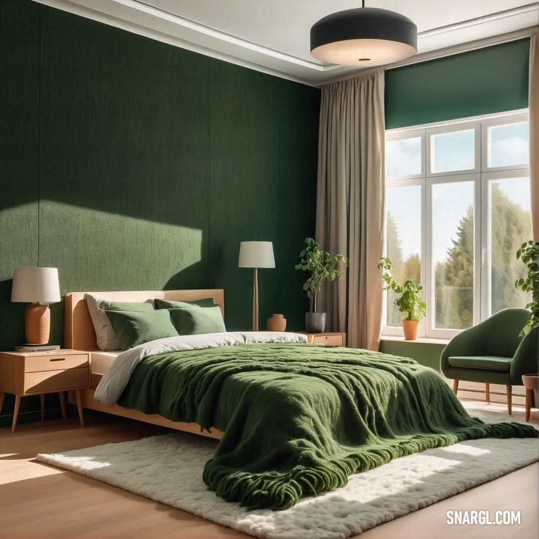 Bedroom with a green wall and a bed with a green blanket on it and a green chair and a lamp. Color #39513A.