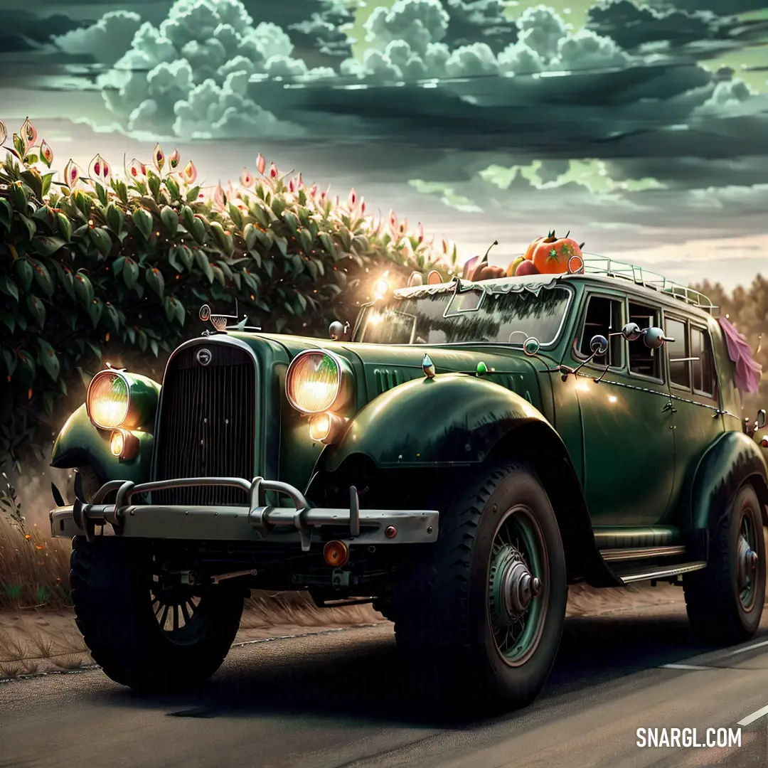 Green car driving down a road next to a bush filled with flowers and a sky filled with clouds. Example of RGB 57,81,58 color.