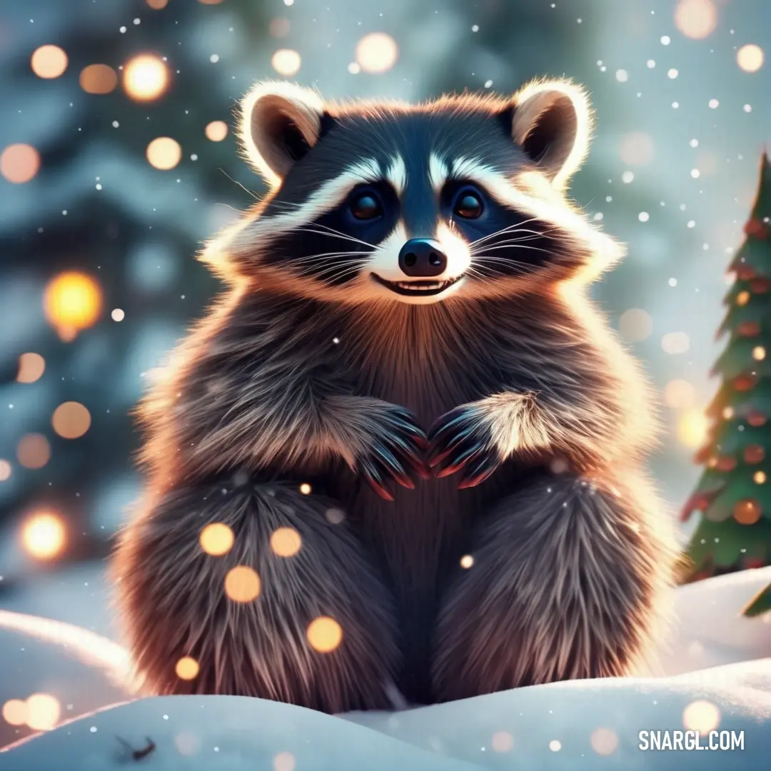 Raccoon in the snow with a christmas tree in the background. Color #42282C.