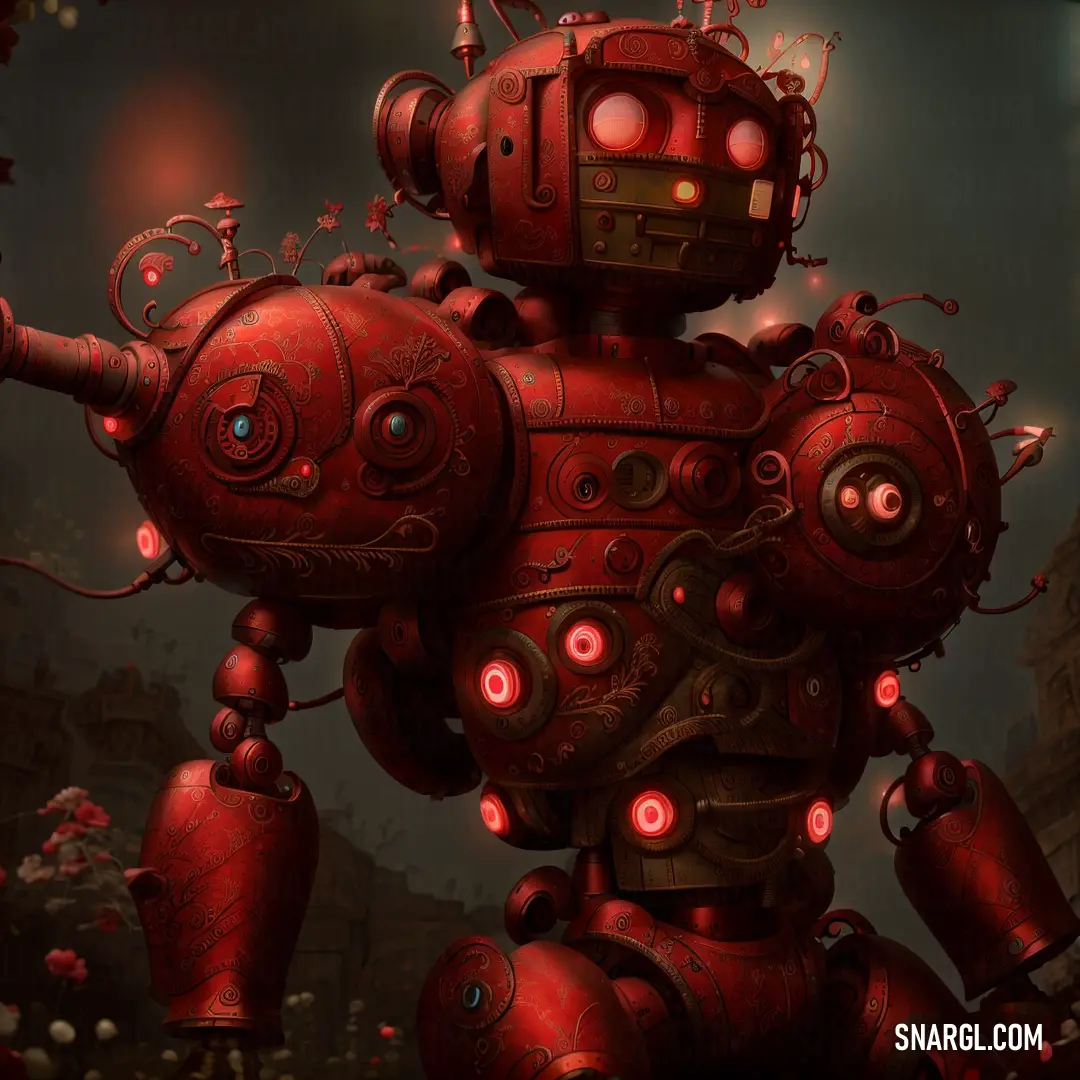 Red robot with glowing eyes and a red body with a gun in its hand and a red light on its face. Example of #42282C color.