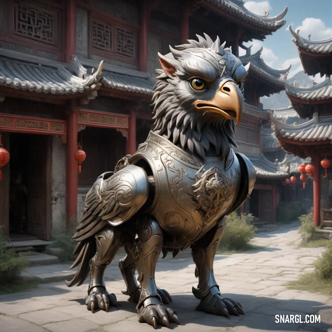 Statue of a bird in a chinese courtyard with a sky background. Color NCS S 7010-R10B.