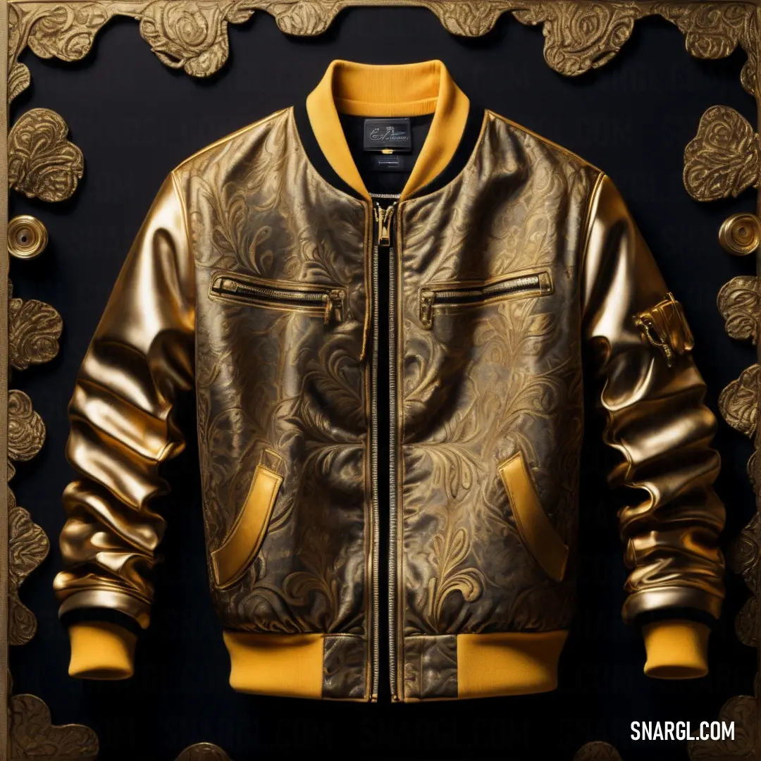 Gold leather jacket with a black background. Color RGB 90,72,51.