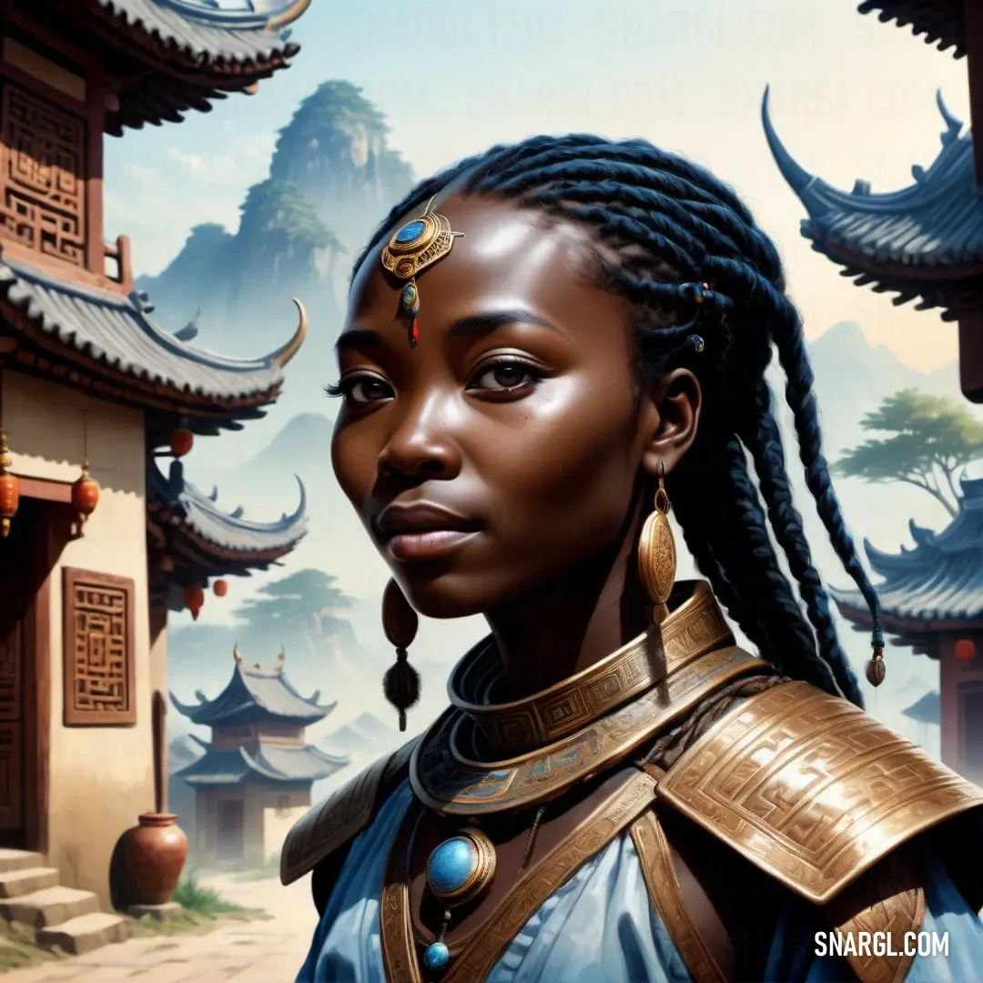 NCS S 7010-Y10R color example: Woman with braids and a gold head piece in front of a pagoda with a mountain in the background